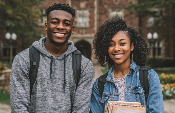  two African American students standing outside of school holding books